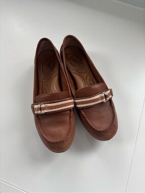 Born Brown Leather Loafers with Cream Striped Strap 7